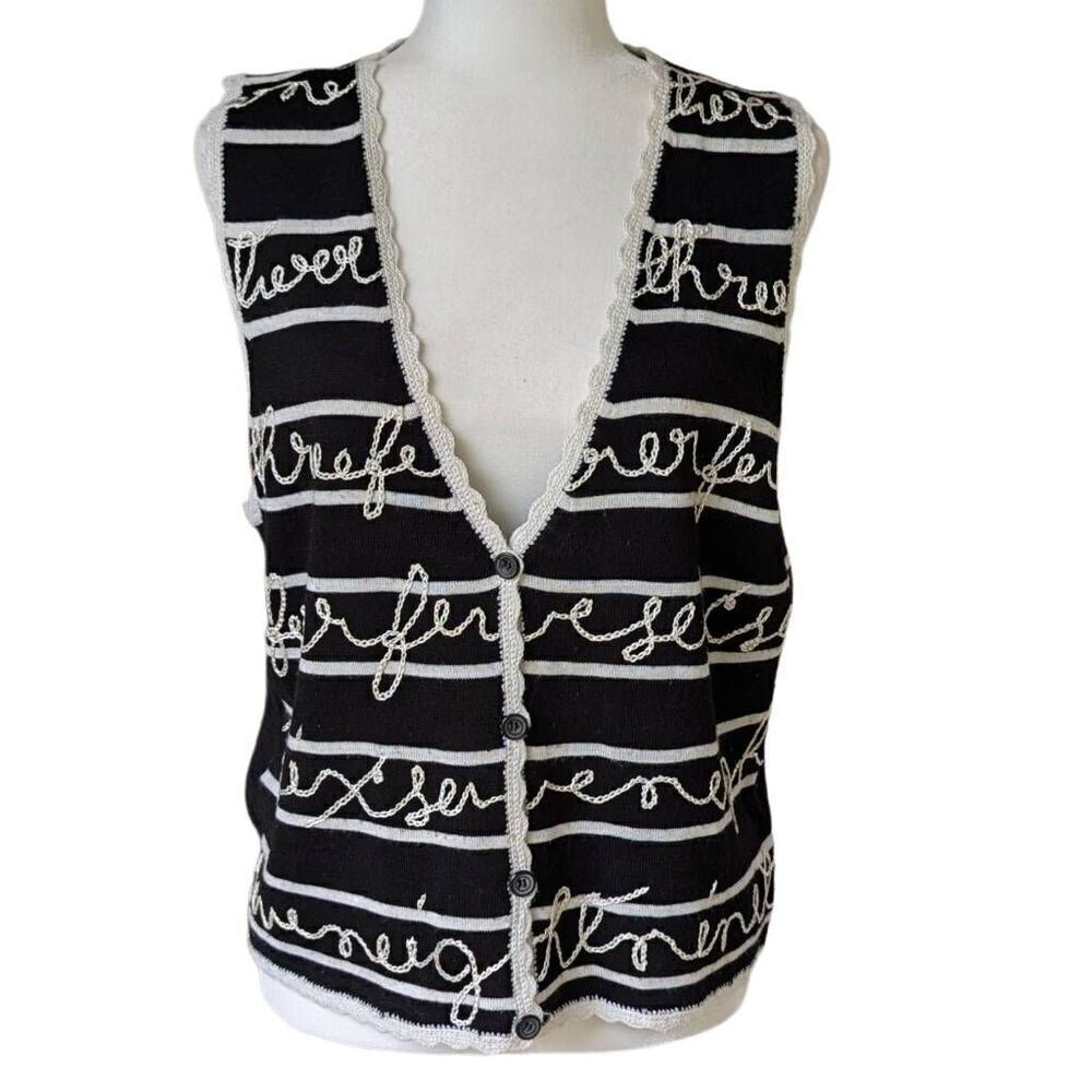 Vintage Koret Sweater Vest Size S Black Striped Crocheted Cursive Cottage Wool